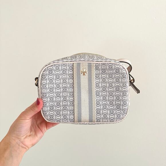 Tory Burch Handbags - Tory Burch Gemini Link Canvas Zip Around Mini Crossbody Bag White Blue